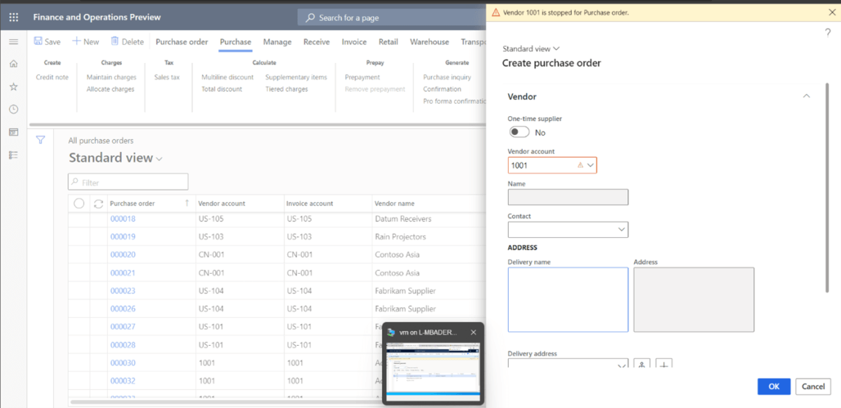 Transaction Now let’s try creating a purchase order from Procurement and Sourcing > Purchase order > All purchase orders. We can notice that selecting Vendor account 1001 in Create purchase order is restricted and an error is thrown.