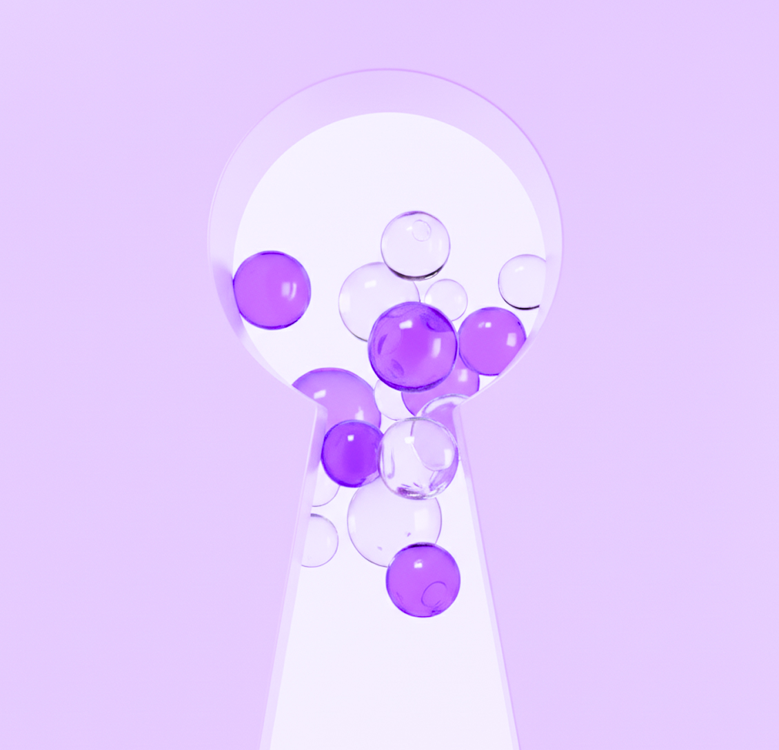 Abstract glass keyhole shape with floating purple and transparent spheres, representing secure access and data visibility in Dynamics 365.