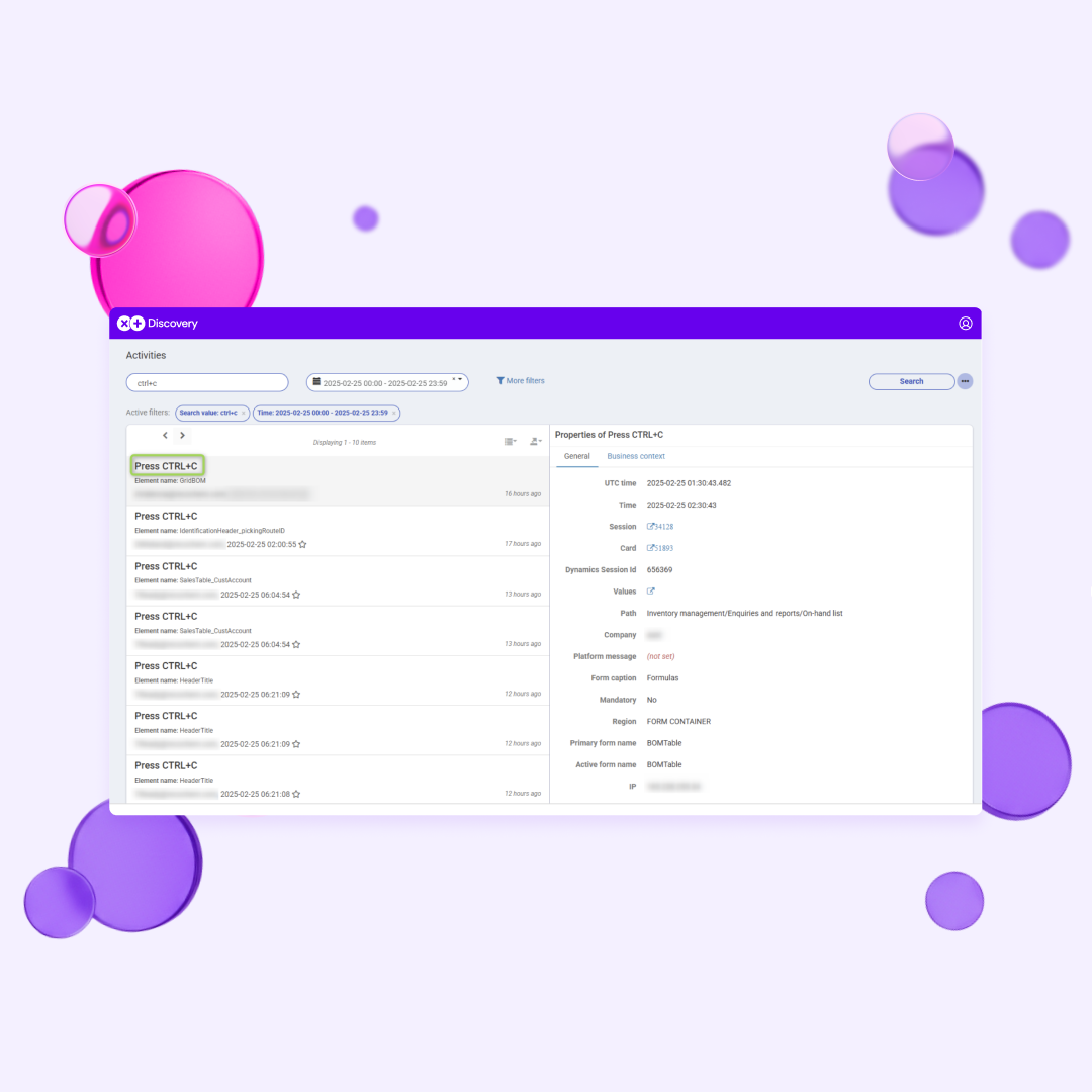 Interfejs Discovery od XPLUS prezentujący szczegółowe logi aktywności użytkowników oraz właściwości zdarzeń w Dynamics 365, zapewniający obserwowalność w czasie rzeczywistym i pełną widoczność procesów.