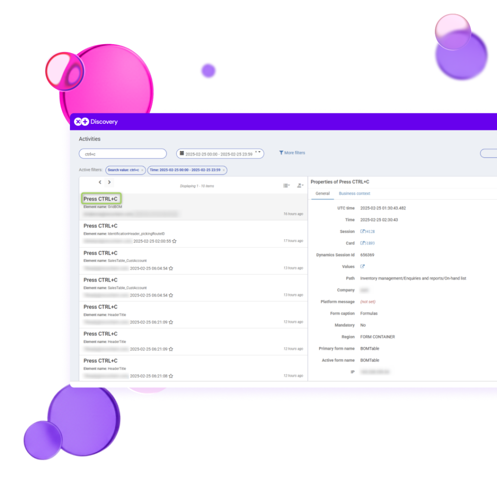Discovery by XPLUS dashboard showing detailed user activity and process execution data in Dynamics 365